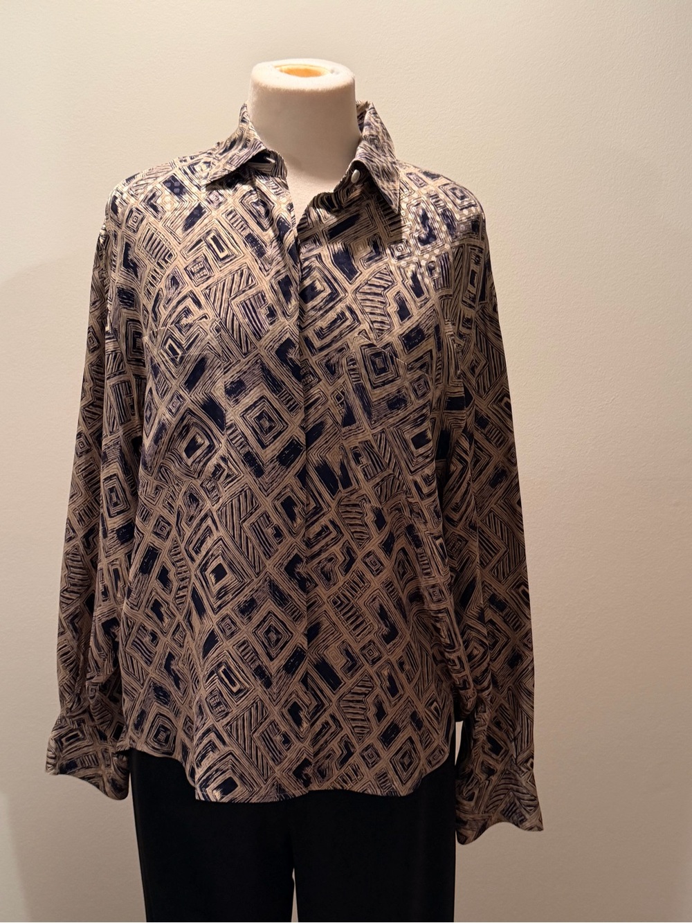 Anne Klein Navy and Beige Geometric Button-Down Shirt